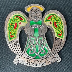 Green Celtic Angel Wall Plaque With God Bless Our Home Inscription Ceramic Resin